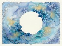 Watercolor frame with swirling blue clouds and golden accents, circular white copy space center, Asian-inspired ornamental border for greeting cards and invitations.