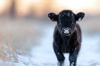 Adorable black baby calf standing in snowy field during winter, close up portrait with soft bokeh background and falling snowflakes creating magical atmosphere.