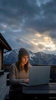 Young woman working on laptop at mountain cabin during dramatic sunset with snow-capped peaks and stormy clouds for remote work and digital nomad lifestyle.