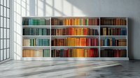 Rainbow colored books arranged on white bookshelf in modern minimalist interior with concrete floor and large window casting natural light and shadows.