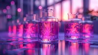 Glass bottles with pink luminous liquid on reflective surface against blurred purple bokeh background creating magical atmosphere for cosmetic product display.