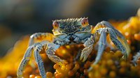 Macro shot of blue crab on vibrant yellow coral reef, showing detailed texture of crustacean shell and claws against blurred underwater background.