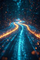 Glowing digital highway with orange and blue light trails creating futuristic path through cyberspace, surrounded by floating particles and bokeh effects.