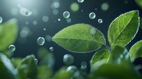 Fresh green leaves with water drops floating in dark atmospheric background. Macro nature photography showing morning dew and plant details in soft bokeh light.