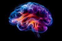 Glowing multicolored brain silhouette with vibrant neon effect on black background shows neural activity and consciousness concept for medical and science designs.