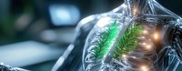 Glowing green lungs inside transparent human anatomy model with digital medical visualization showing respiratory system and chest cavity.