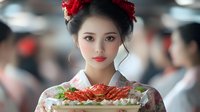Young Asian woman in traditional dress holding festive food platter with red flowers in hair for cultural celebration and holiday dining concepts.
