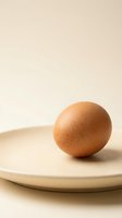 Single brown chicken egg on ceramic plate against neutral beige background for cooking and breakfast concepts.