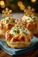 Festive puff pastry appetizers with creamy herb filling topped with golden snowflake decorations against warm bokeh background for holiday entertaining.