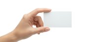 Hand holding blank white business card mockup on transparent background for branding and corporate identity design projects.