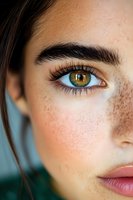 Close-up macro shot of a young woman's face with amber eyes, natural freckles, defined eyebrows, and long eyelashes against soft blurred background.