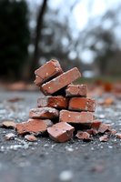 Stack of broken red clay bricks on rough concrete surface with blurred natural background, showing texture and architectural demolition details.
