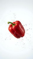 Red bell pepper with water droplets splashing around it on white background, isolated for food and beverage design use.