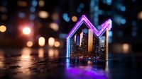 Glowing neon crown shape with city skyline reflection inside, purple and blue LED lights against dark background with bokeh lights creating magical atmosphere.