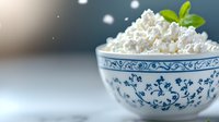 Fresh cottage cheese in traditional porcelain bowl with blue floral pattern. Green mint leaves and soft bokeh background create appetizing dairy composition.