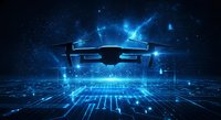 Modern drone silhouette flying over futuristic digital grid landscape with glowing blue circuit patterns and starry space background for technology concepts.