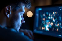 Young Caucasian male professional working late at night, illuminated by blue computer screen light, focused on digital data visualization and analytics.