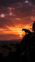 Leopard silhouette on rocky outcrop during dramatic sunset in African savanna landscape with golden orange sky and acacia trees in wilderness.