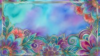Colorful watercolor background with ornate floral mandala border in teal, purple, and coral tones, perfect for cards, invitations, and creative projects.