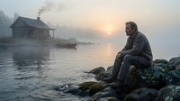 Contemplative man sitting on rocky shoreline at misty sunrise with rustic cabin and wooden dock reflected in calm lake water creating peaceful morning atmosphere.
