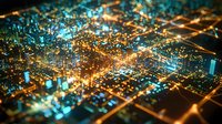 Aerial night cityscape with glowing grid of streets and illuminated skyscrapers creating abstract urban pattern for technology or business concepts.