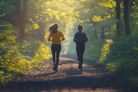Two women jogging on forest path in morning sunlight, surrounded by green foliage and golden sunbeams creating atmospheric outdoor fitness scene.