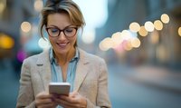 Smiling Caucasian businesswoman in glasses and beige coat using smartphone on urban street with bokeh lights in background. For mobile app advertising.
