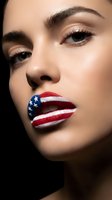 Young woman with patriotic flag makeup on lips featuring stars and stripes design for Independence Day celebration and national holiday themes.