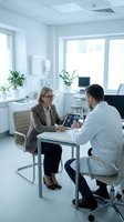 Professional doctor consulting with blonde businesswoman patient about medical scan results in modern clinic office for healthcare communication.