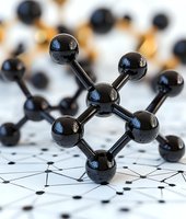 Glossy black molecular structure model on network diagram background, representing carbon atoms or scientific research in chemistry.