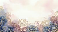 Young woman with South Asian ethnicity, wearing traditional ornate jewelry and embroidered clothing, poses gracefully against a soft, blurred background of golden mandala patterns and warm watercolor washes in pink, blue, and cream tones.