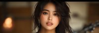 Young Asian woman with tousled dark hair and natural makeup in warm indoor lighting for beauty and lifestyle content.
