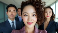 Confident young Asian businesswoman with curly hair smiling in foreground, diverse corporate team standing behind her in modern office.