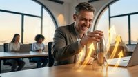 Successful middle-aged businessman celebrating achievement with golden trophy and flame effects in modern office during sunset hours.