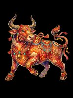 Ornate festive ox with colorful patterns, gold coins, and tassels, isolated on transparent background. Great for clipart, stickers, t-shirt design, and print on demand.