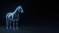 Digital wireframe horse with glowing blue lines on dark background for technology and futuristic design projects.