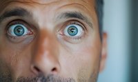 Close-up portrait of man with wide-open blue eyes expressing extreme surprise or shock, capturing an intense emotional reaction.