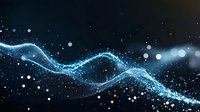 Abstract blue wave of glowing particles and light bokeh flowing across dark background, suitable for technology, data visualization, and digital design projects.