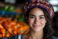 Young Mediterranean woman wearing colorful headscarf smiles warmly at farmers market with fresh oranges in background, expressing joy and authenticity in casual setting.