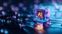 Glowing AI cube on dark reflective surface with water drops and bokeh lights creates futuristic atmosphere for technology and artificial intelligence concepts.