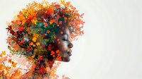 Creative double exposure portrait combining African woman's profile with vibrant autumn leaves and foliage, representing natural beauty and seasonal transformation in artistic style.