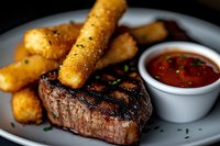 Grilled beef tenderloin steak served with crispy mozzarella sticks and marinara dipping sauce on white plate, garnished with fresh herbs against dark background.