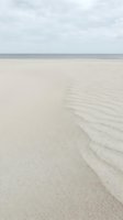 Serene sandy beach with rippled texture patterns and calm ocean horizon under overcast sky, ideal for travel and nature backgrounds.