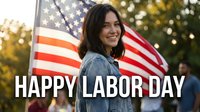 Young Hispanic woman celebrating Labor Day with American flag in outdoor park setting during golden hour sunset light.
