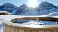 Luxurious outdoor hot tub with bubbling water against snowy mountain peaks and winter landscape, wooden cabin visible in background, sunburst over alpine scenery.