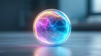 Glowing energy sphere with pink and blue plasma lightning effects on dark background, abstract magical orb with electric light streams radiating inside glass ball.