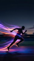 Dynamic runner silhouette with vibrant light trails and energy streams during twilight sprint showcasing speed and motion blur effects.