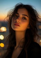 Young Hispanic woman with windswept dark hair gazing upward during golden hour sunset, soft bokeh lights in background create dreamy atmosphere for beauty and lifestyle content.