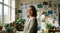Smiling middle-aged Caucasian female teacher stands in a bright classroom with colorful children drawings on the wall behind her.