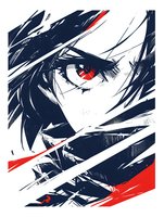Dramatic anime character close-up with red glowing eye and dynamic black hair against white and red abstract background, featuring intense artistic brush strokes.